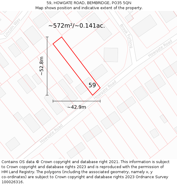59, HOWGATE ROAD, BEMBRIDGE, PO35 5QN: Plot and title map