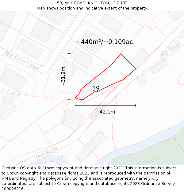 59, MILL ROAD, KNIGHTON, LD7 1RT: Plot and title map