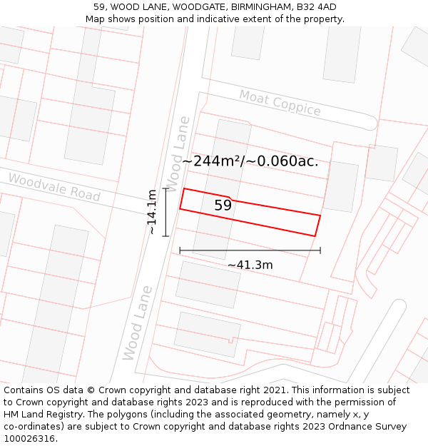 59, WOOD LANE, WOODGATE, BIRMINGHAM, B32 4AD: Plot and title map