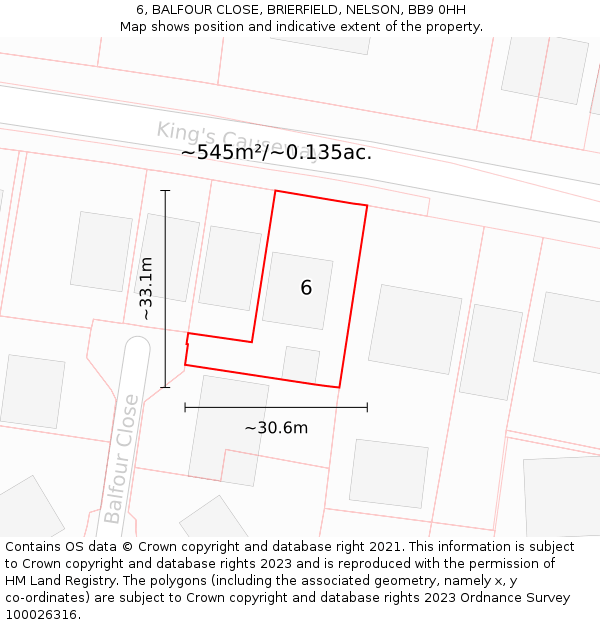 6, BALFOUR CLOSE, BRIERFIELD, NELSON, BB9 0HH: Plot and title map
