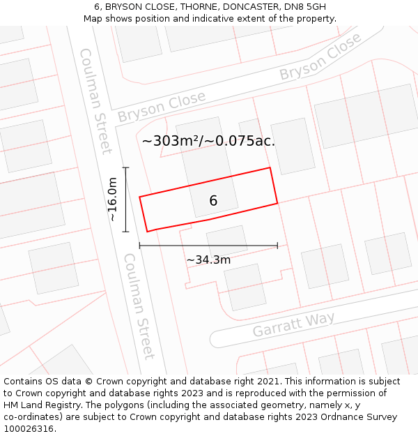 6, BRYSON CLOSE, THORNE, DONCASTER, DN8 5GH: Plot and title map
