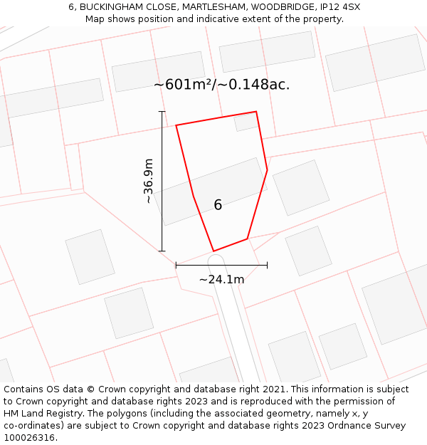 6, BUCKINGHAM CLOSE, MARTLESHAM, WOODBRIDGE, IP12 4SX: Plot and title map
