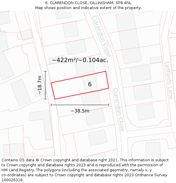 6, CLARENDON CLOSE, GILLINGHAM, SP8 4NL: Plot and title map