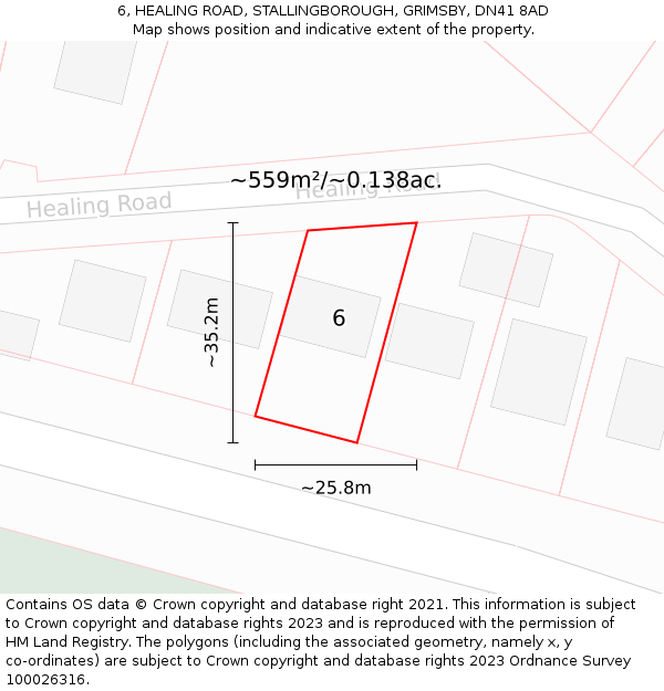 6, HEALING ROAD, STALLINGBOROUGH, GRIMSBY, DN41 8AD: Plot and title map