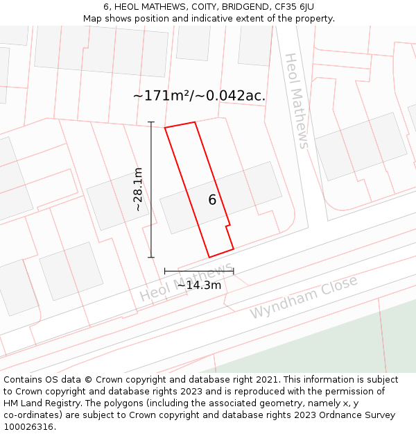 6, HEOL MATHEWS, COITY, BRIDGEND, CF35 6JU: Plot and title map