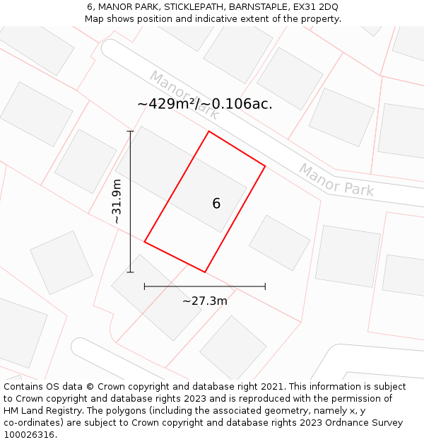6, MANOR PARK, STICKLEPATH, BARNSTAPLE, EX31 2DQ: Plot and title map