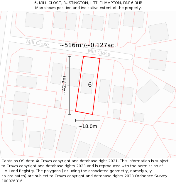 6, MILL CLOSE, RUSTINGTON, LITTLEHAMPTON, BN16 3HR: Plot and title map