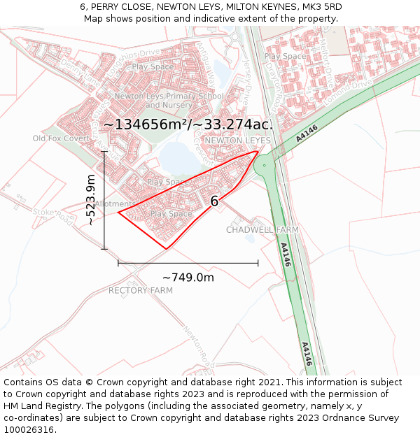 6, PERRY CLOSE, NEWTON LEYS, MILTON KEYNES, MK3 5RD: Plot and title map