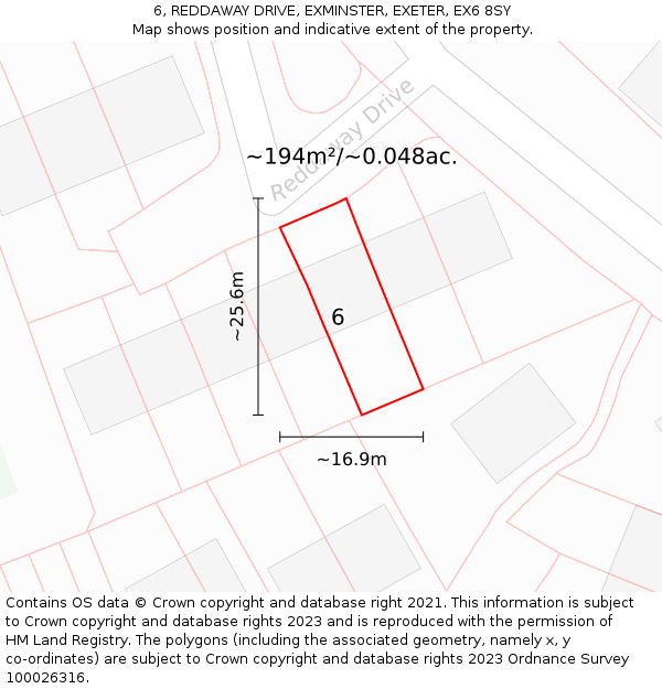 6, REDDAWAY DRIVE, EXMINSTER, EXETER, EX6 8SY: Plot and title map