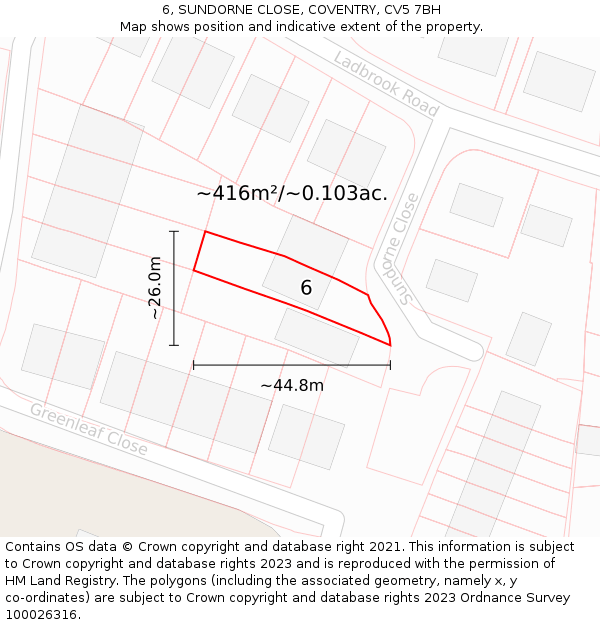 6, SUNDORNE CLOSE, COVENTRY, CV5 7BH: Plot and title map