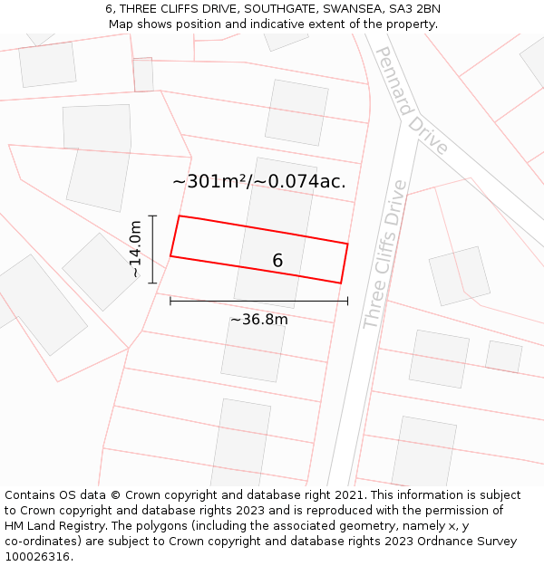 6, THREE CLIFFS DRIVE, SOUTHGATE, SWANSEA, SA3 2BN: Plot and title map