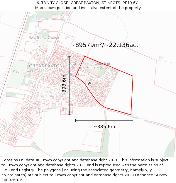 6, TRINITY CLOSE, GREAT PAXTON, ST NEOTS, PE19 6YL: Plot and title map