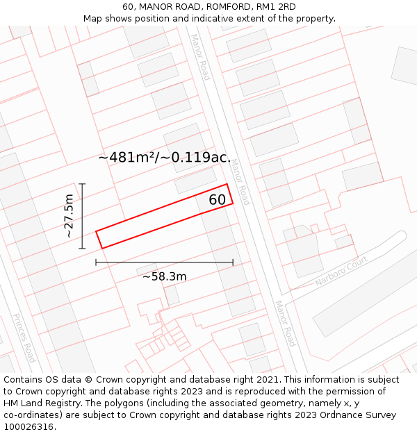 60, MANOR ROAD, ROMFORD, RM1 2RD: Plot and title map