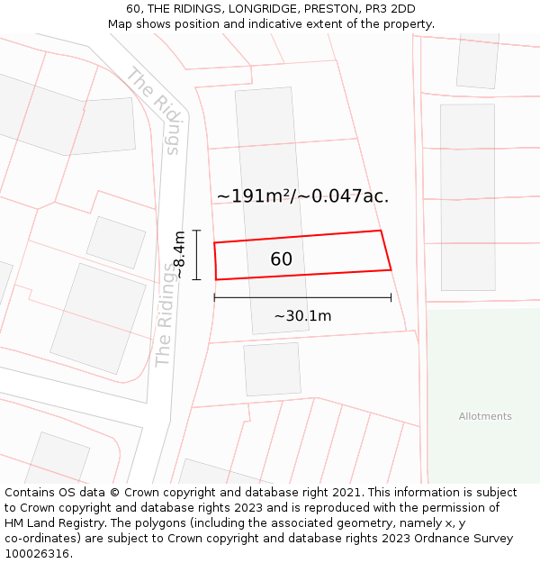 60, THE RIDINGS, LONGRIDGE, PRESTON, PR3 2DD: Plot and title map