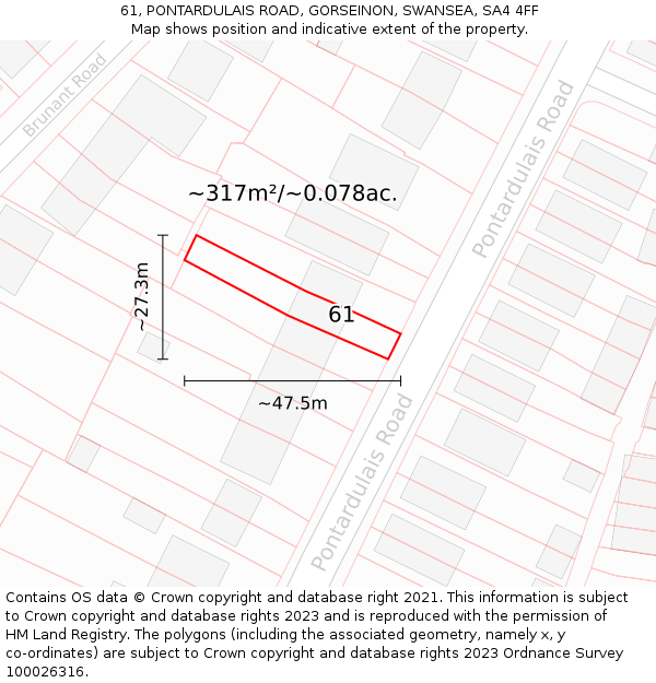 61, PONTARDULAIS ROAD, GORSEINON, SWANSEA, SA4 4FF: Plot and title map