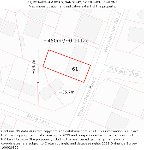 61, WEAVERHAM ROAD, SANDIWAY, NORTHWICH, CW8 2NF: Plot and title map