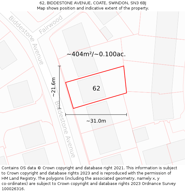 62, BIDDESTONE AVENUE, COATE, SWINDON, SN3 6BJ: Plot and title map
