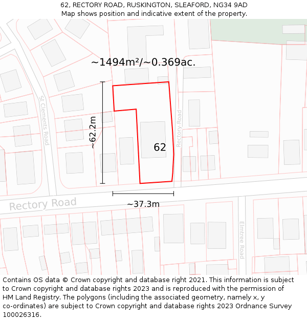 62, RECTORY ROAD, RUSKINGTON, SLEAFORD, NG34 9AD: Plot and title map