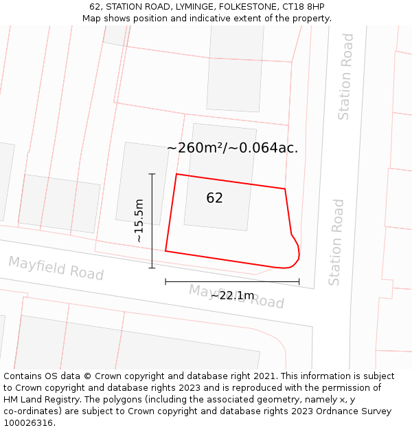 62, STATION ROAD, LYMINGE, FOLKESTONE, CT18 8HP: Plot and title map