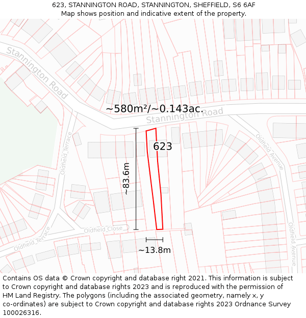 623, STANNINGTON ROAD, STANNINGTON, SHEFFIELD, S6 6AF: Plot and title map