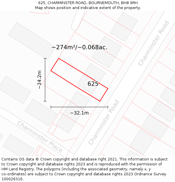 625, CHARMINSTER ROAD, BOURNEMOUTH, BH8 9RH: Plot and title map