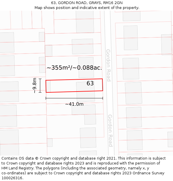 63, GORDON ROAD, GRAYS, RM16 2GN: Plot and title map