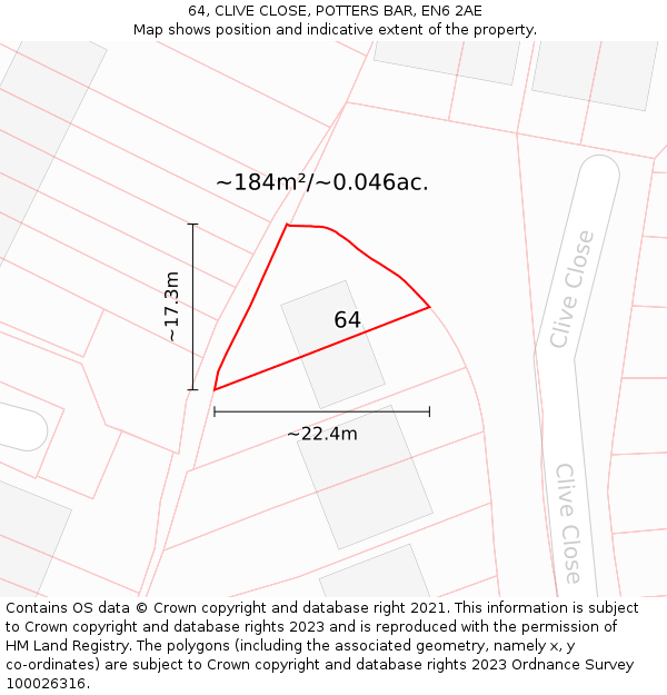 64, CLIVE CLOSE, POTTERS BAR, EN6 2AE: Plot and title map