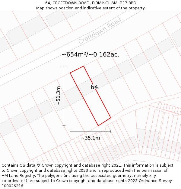 64, CROFTDOWN ROAD, BIRMINGHAM, B17 8RD: Plot and title map