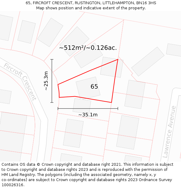 65, FIRCROFT CRESCENT, RUSTINGTON, LITTLEHAMPTON, BN16 3HS: Plot and title map