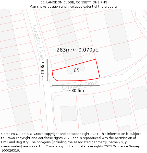 65, LANGDON CLOSE, CONSETT, DH8 7NG: Plot and title map