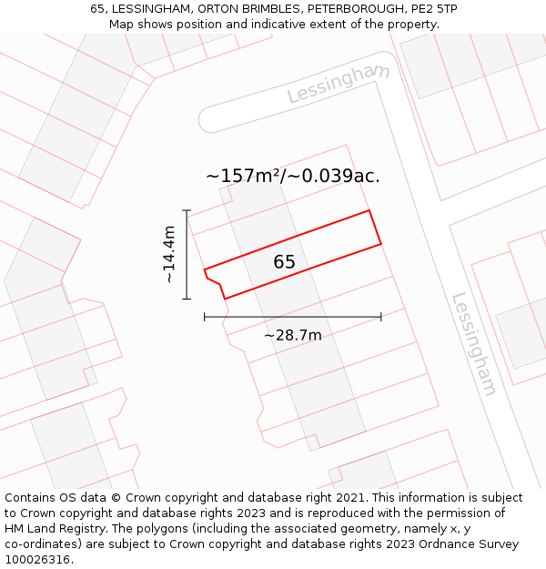65, LESSINGHAM, ORTON BRIMBLES, PETERBOROUGH, PE2 5TP: Plot and title map
