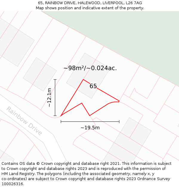 65, RAINBOW DRIVE, HALEWOOD, LIVERPOOL, L26 7AG: Plot and title map