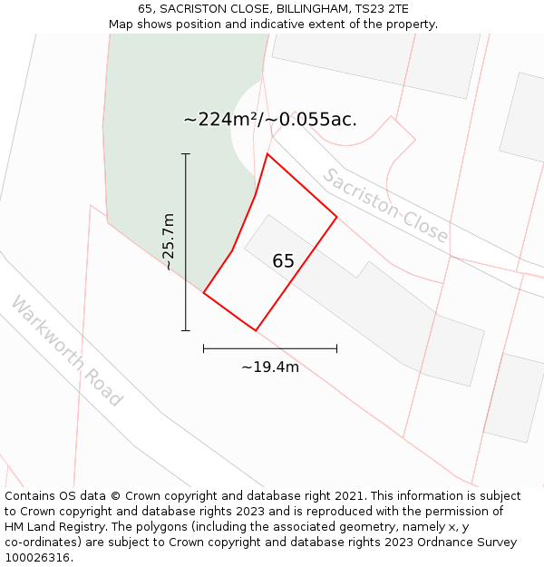 65, SACRISTON CLOSE, BILLINGHAM, TS23 2TE: Plot and title map