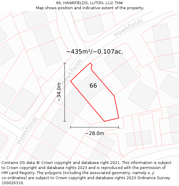 66, HAWKFIELDS, LUTON, LU2 7NW: Plot and title map
