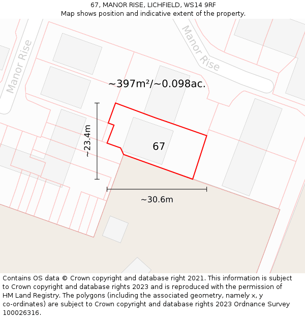 67, MANOR RISE, LICHFIELD, WS14 9RF: Plot and title map
