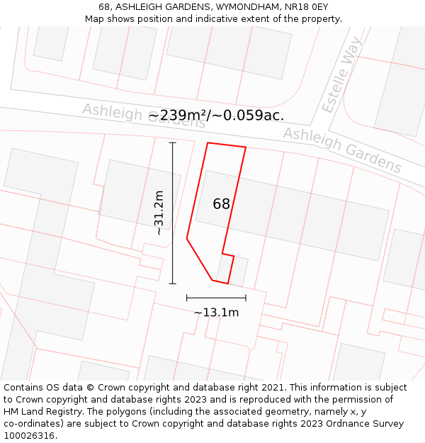 68, ASHLEIGH GARDENS, WYMONDHAM, NR18 0EY: Plot and title map