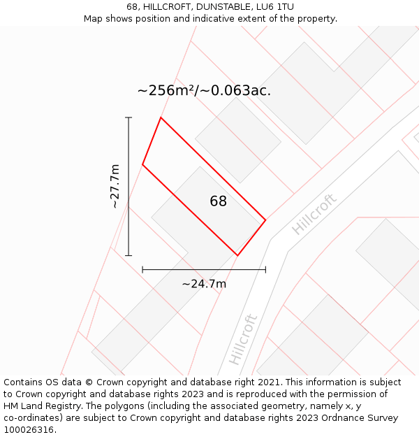68, HILLCROFT, DUNSTABLE, LU6 1TU: Plot and title map