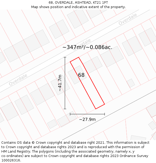 68, OVERDALE, ASHTEAD, KT21 1PT: Plot and title map