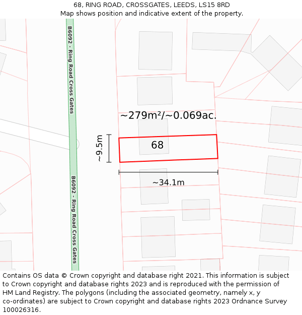 68, RING ROAD, CROSSGATES, LEEDS, LS15 8RD: Plot and title map