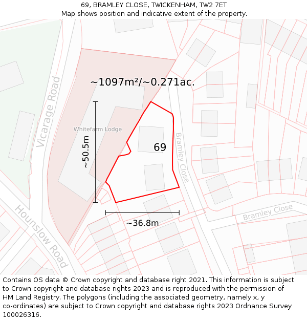 69, BRAMLEY CLOSE, TWICKENHAM, TW2 7ET: Plot and title map