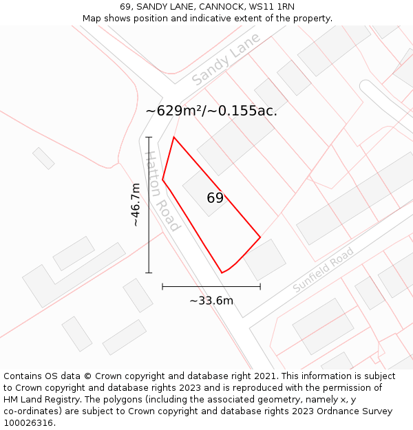 69, SANDY LANE, CANNOCK, WS11 1RN: Plot and title map