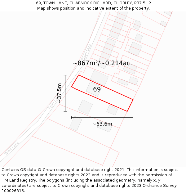 69, TOWN LANE, CHARNOCK RICHARD, CHORLEY, PR7 5HP: Plot and title map