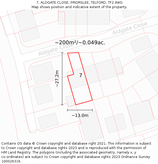 7, ALDGATE CLOSE, PRIORSLEE, TELFORD, TF2 9WG: Plot and title map