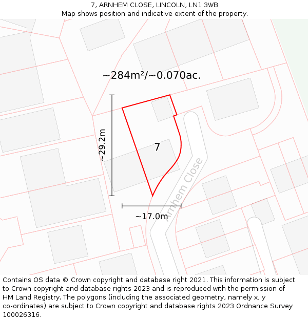 7, ARNHEM CLOSE, LINCOLN, LN1 3WB: Plot and title map