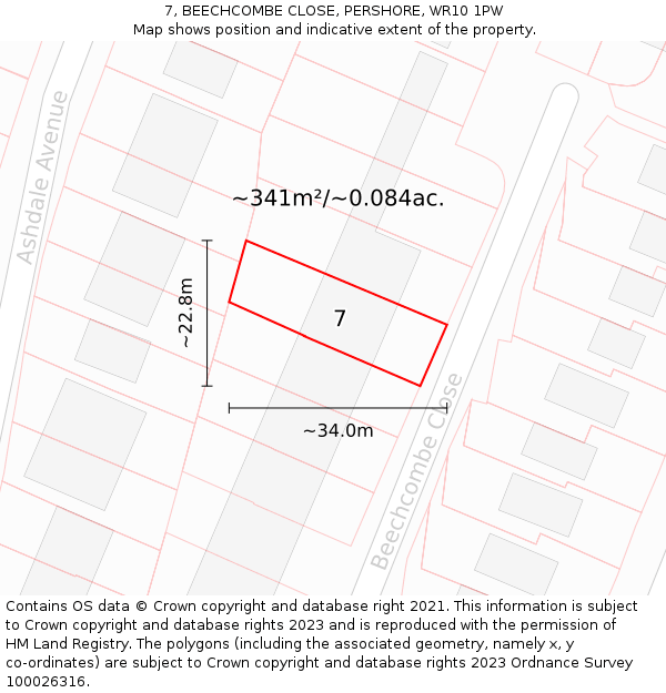 7, BEECHCOMBE CLOSE, PERSHORE, WR10 1PW: Plot and title map