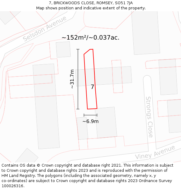 7, BRICKWOODS CLOSE, ROMSEY, SO51 7JA: Plot and title map