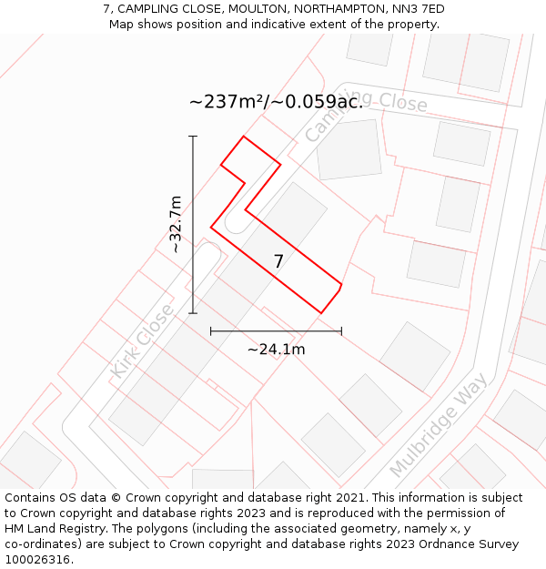 7, CAMPLING CLOSE, MOULTON, NORTHAMPTON, NN3 7ED: Plot and title map