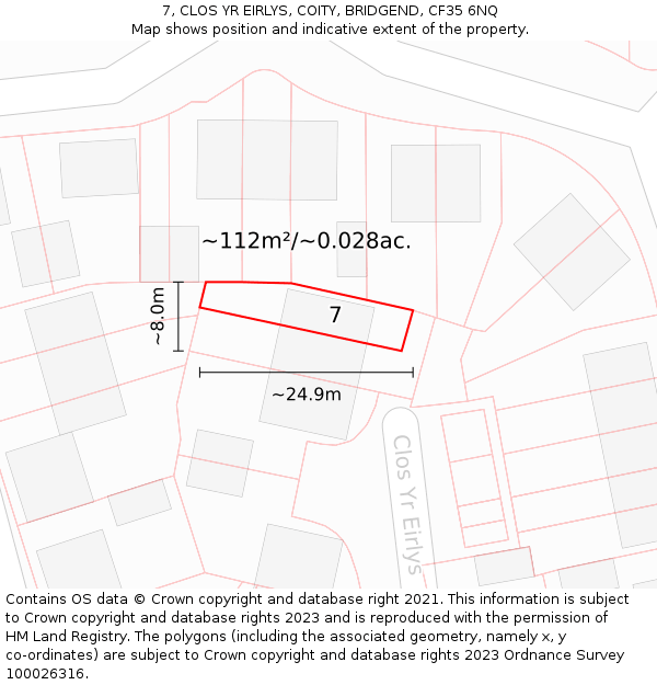 7, CLOS YR EIRLYS, COITY, BRIDGEND, CF35 6NQ: Plot and title map