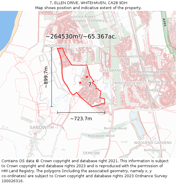 7, ELLEN DRIVE, WHITEHAVEN, CA28 9DH: Plot and title map