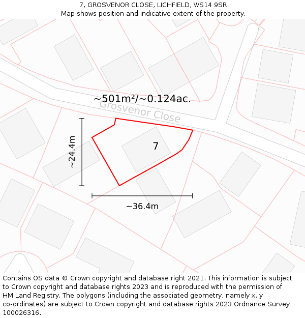 7, GROSVENOR CLOSE, LICHFIELD, WS14 9SR: Plot and title map